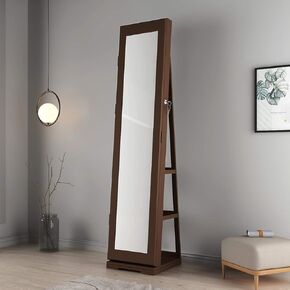 DlandHome Jewelry Armoire with Full Length Mirror 360°Rotatable Jewelry Organizer Cabinet Lockable with Storage Shelf,Brown