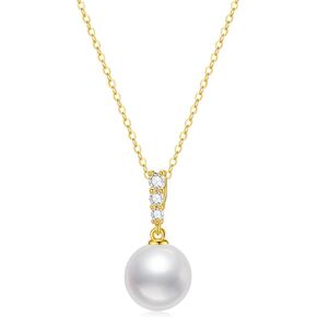 14K Yellow Gold Pearl Necklace Moissanite Pearl Necklace for Women 8.5-9mm Freshwater Cultured Pearl Pendant Necklace Minimalist Pearl Jewelry Gift for Mom Wife Girls,16+2 Inch