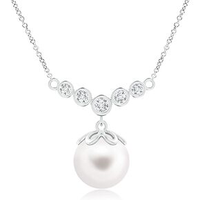 Angara Freshwater Pearl Necklace with Graduated Diamonds in Silver (8mm) - June Birthstone