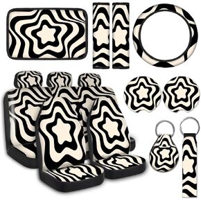 15 قطعة من أغطية مقاعد السيارة السوداء المتموجة مجموعة كاملة للنساء غطاء عجلة قيادة السيارة وحدة التحكم المركزية مسند الذراع وسادة مسند الرأس حزام الأمان أغطية سلسلة المفاتيح لسيارات الدفع الرباعي (فن تجريدي 6) in Kuwait