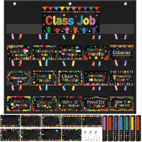 Fulmoon 86 Pcs Class Jobs Pocket Chart Set Teacher's Helper Boho Classroom Management Educational Pocket Chart Boho Classroom Bulletin Board Decor for Back to School Supplies (Boho Style)