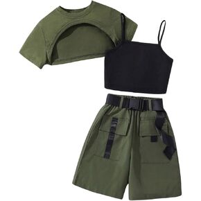 GORGLITTER Girl's 3 Pieces Summer Outfits Short Sleeve Crop Tops and Camisole Top with Belted Shorts Set