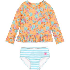 RuffleButts Vibrant Valley Long Sleeve Ruffle Hem Rash Guard 2-Piece - 2T