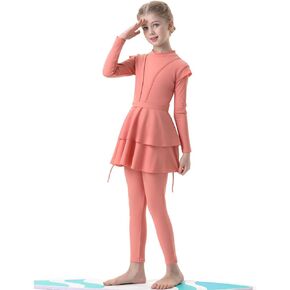 IBAKOM Islamic Modest Swimsuit for Girls Full Body Pleated Skirt Rash Guard Shirt Swim Pant Hijab Toddler Muslim Burkini