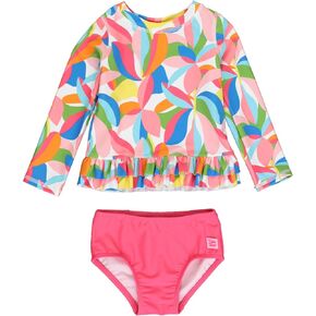 RuffleButts Tropical Adventure Long Sleeve Ruffle Hem Rash Guard 2-Piece - 10