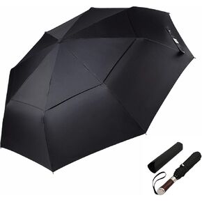 Travel Umbrella Luxurious Hardwood Handle Auto Open & Close Vented Canopy Windproof Frame Folding Umbrella Men's & Ladies (Designed in UK)