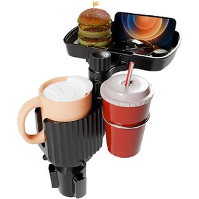 Detachable Dual Cup Holder for Car with Food Tray Table,360°Rotating Car Cup Holder Expander with Phone Slot,Large Extra Car Cup Holder Insert for Stanley Yeti Hydro Flask, RV Car Road Trip Essentials