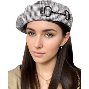 Women Classic Houndstooth Beret with PU Leather Edge, Chic Flat Artist Beanie Hats for Summer Spring