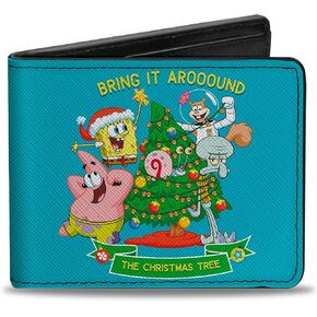 Buckle-Down Nickelodeon Wallet, Bifold, SpongeBob SquarePants The Christmas Tree Group Pose Blue, Vegan Leather