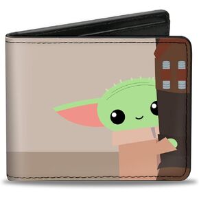 Buckle-Down Men's Wallet, Bifold, Mandalorian Hiding Pose Browns, Vegan Leather, Star Wars The Child, 4.0" x 3.5"