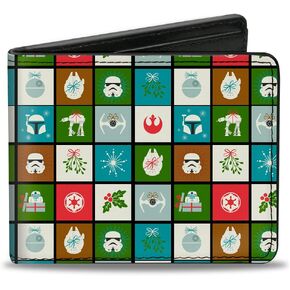 Buckle-Down Men's Star Wars Wallet, Bifold, Holiday Season Icon Blocks, Vegan Leather, 4.0" x 3.5"