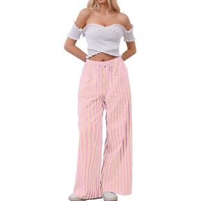 Women Drawstring Stripe Wide Leg Casual Trousers Striped Low Rise Casual Loose Lounge Pants with Pockets