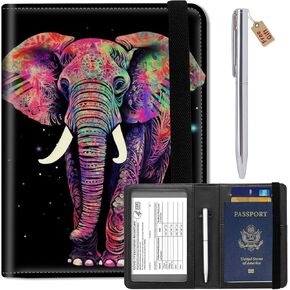 Passport Wallets and Vaccine Card Holder Slot,RFID Blocking Leather Passport Holder Book Cover Case with CDC Vaccination Card Slot,Travel Documents Organizer Protector+Metal Pen,Elephant Animal