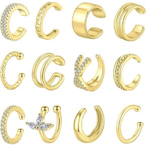 CASDAN 12Pcs Ear Cuff Earrings for Women Non Piercing 14K Gold Plated Ear Cuffs Clips On Non Pierced Cartilage Earring Adjustable Fake Earrings Lightweight