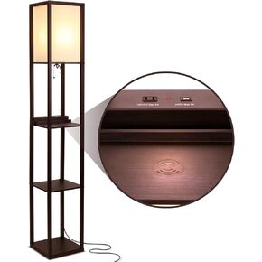 Brightech Maxwell – Modern Shelf Floor Lamp with USB Ports, Wireless Charging & Outlet – Versatile Corner Display and Lamp with Shelves, Storage Solution for Living Room, Office, Bedroom