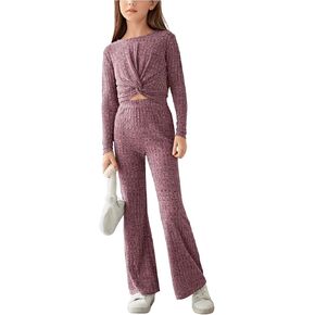 OYOANGLE Girl's 2 Piece Outfits Ribbed Knit Long Sleeve Twist Front Ruched Top and Flared Pants Set