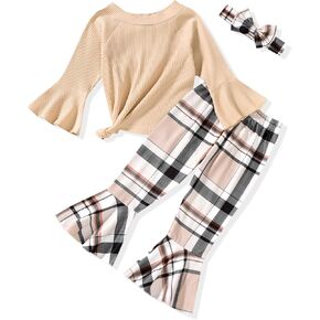 HIHA Toddler Little Girls Long Flare Sleeve Tops Bell Bottom Pants Outfit with Headband