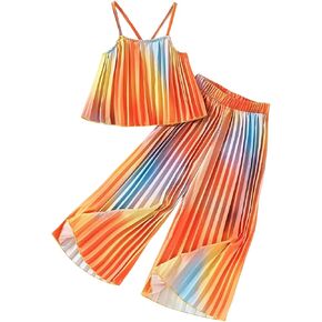 Girl's 2 Piece Boho Outfits Pleated Spaghetti Strap Camisoles and Elastic Waist Wide Leg Pants
