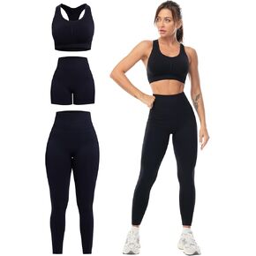3 Piece Workout Sets for Women Butt Lifting Leggings with High Impact Sports Bra Gym Shorts Activewear Matching Set