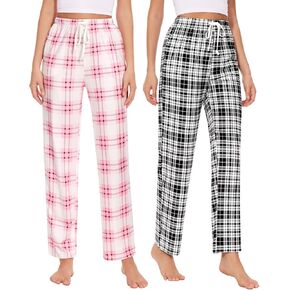 Plaid Casual Pants for Women Loose Pajama Pants Elastic Waist Drawstring Pants with Pockets 2 Pack in Kuwait