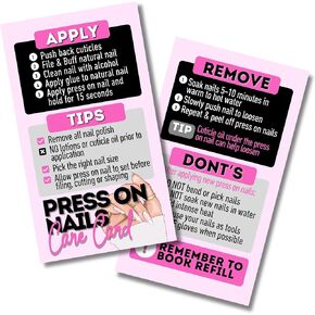 Modern professional Press on Nail aftercare cards | Pack of 55 | Business card size | How to apply and remove | DIY Press On Nail Care Card - Tips for Pressing on Nails, Nail Art (Pink)