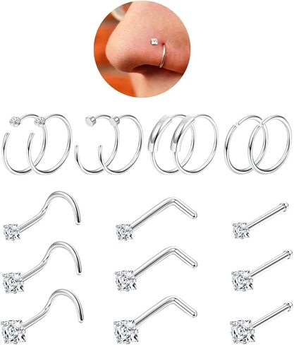 UBGICIG 17 Pcs/18 Pcs Nose Rings Hoop and Nose Studs Sets for Women - 316L Surgical Stainless Steel Screw Silver Gold Black L Shaped Nose Stud Hypoallergenic Nostril Piercing Jewelry for Women Men in Saudi Arabia
