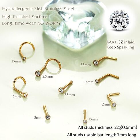 UBGICIG 17 Pcs/18 Pcs Nose Rings Hoop and Nose Studs Sets for Women - 316L Surgical Stainless Steel Screw Silver Gold Black L Shaped Nose Stud Hypoallergenic Nostril Piercing Jewelry for Women Men in Saudi Arabia
