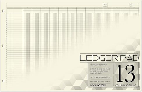 BookFactory Ledger Pad/Large 13 Column Accounting Ledger Columnar (Thirteen Columns) Pads - 17" x 11", 50 Pages, Notepad Landscape Format (PAD-050-CLCPD3(17x11-Ledger-13)-AX) in Kuwait