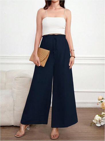 Women's Maternity Elastic High Waist Pants Knot Front Wide Leg Pregnancy Pants in Saudi Arabia