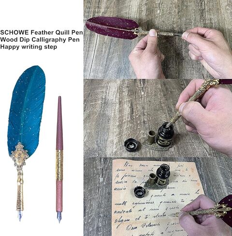 Feather Quill Writing Pen Wooden Dip Calligraphy Pen and Ink Set (Crown Red) in Saudi Arabia