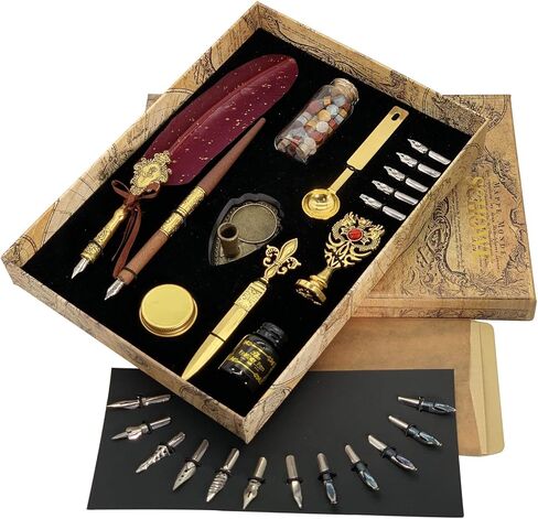 قلم كتابة ريشة ريشة قلم خط خشبي ومجموعة حبر (أحمر تاجي) in Kuwait