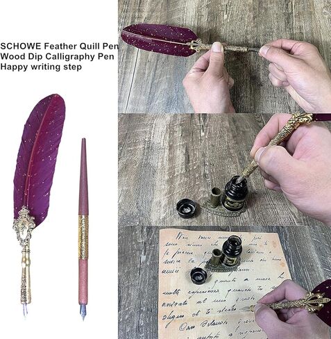 قلم كتابة ريشة ريشة قلم خط خشبي ومجموعة حبر (أحمر تاجي) in Kuwait