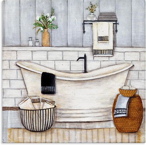 Stupell Industries Bathroom Farmhouse Style Tub Neutral Grey Drawing, Design by Yellow Café Black Framed Wall Art, 36x36, Blue in Saudi Arabia