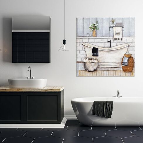 Stupell Industries Bathroom Farmhouse Style Tub Neutral Grey Drawing, Design by Yellow Café Black Framed Wall Art, 36x36, Blue in Saudi Arabia