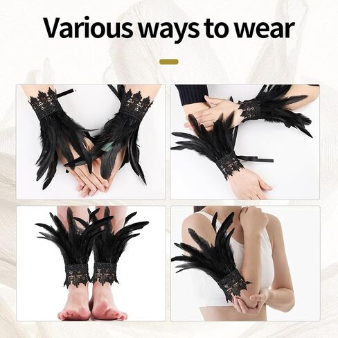 Women's Gothic Lace Feather Gloves Feather Arm Sleeve Wristband Mesh Cuff Cosplay Halloween Costume Accessories in Saudi Arabia
