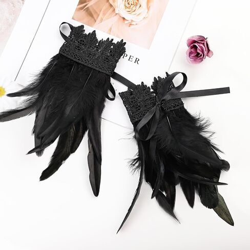 Women's Gothic Lace Feather Gloves Feather Arm Sleeve Wristband Mesh Cuff Cosplay Halloween Costume Accessories in Saudi Arabia