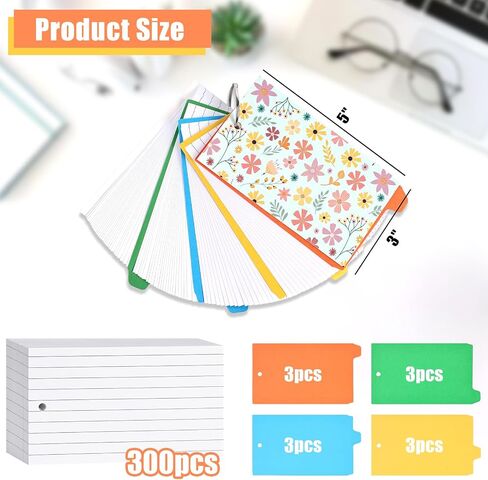 300PCS Index Cards, Lined Index Cards with Dividers Ruled Flash Cards with Ring Floral Cover Note Cards Study Cards Notecards for School Learning Office in Saudi Arabia