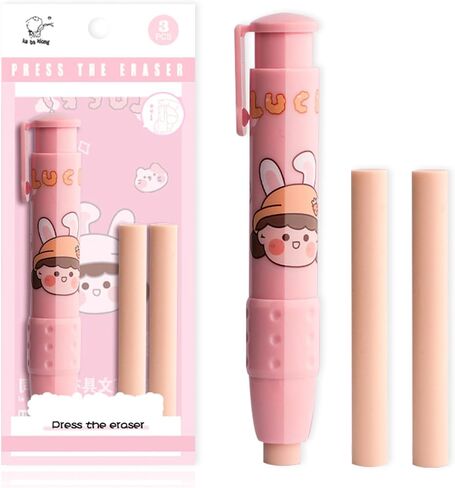 Cute Pencil Erasers, Kids Retractable Erasers with Refills, Standard Pen-Style Erasers, Fun Click Erasers, Kawaii Japanese Stationery Supplies (Pink) in Saudi Arabia