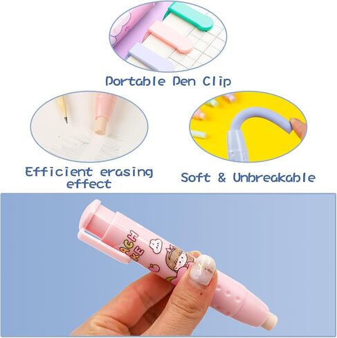 Cute Pencil Erasers, Kids Retractable Erasers with Refills, Standard Pen-Style Erasers, Fun Click Erasers, Kawaii Japanese Stationery Supplies (Pink) in Saudi Arabia