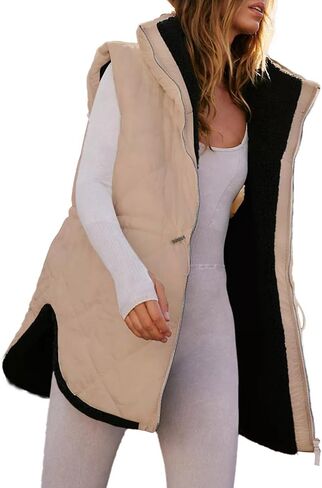 Dokotoo Womens 2024 Fall Reversible Vests Sleeveless Fleece Jacket Zip Up Stand Collar Long Warm Drawstring Coat with Pockets in Saudi Arabia