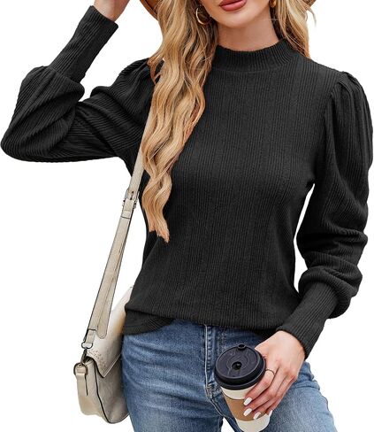 Womens Fall Tops Mock Neck Long Sleeve Shirts Puff Sleeve Sweaters Trendy 2024 Ribbed Knit Pullover Sweater in Saudi Arabia