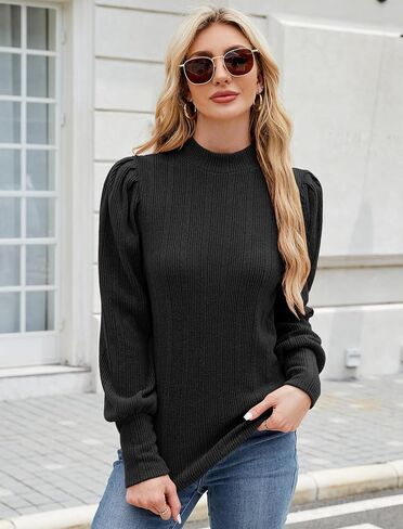 Womens Fall Tops Mock Neck Long Sleeve Shirts Puff Sleeve Sweaters Trendy 2024 Ribbed Knit Pullover Sweater in Saudi Arabia