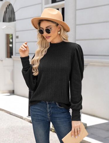 Womens Fall Tops Mock Neck Long Sleeve Shirts Puff Sleeve Sweaters Trendy 2024 Ribbed Knit Pullover Sweater in Saudi Arabia