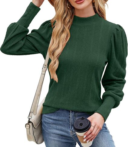 Womens Fall Tops Mock Neck Long Sleeve Shirts Puff Sleeve Sweaters Trendy 2024 Ribbed Knit Pullover Sweater in Saudi Arabia