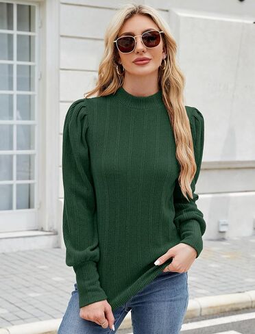 Womens Fall Tops Mock Neck Long Sleeve Shirts Puff Sleeve Sweaters Trendy 2024 Ribbed Knit Pullover Sweater in Saudi Arabia