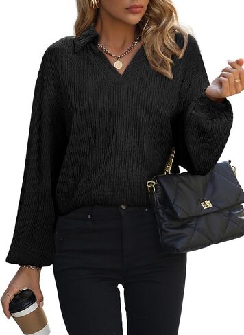 Dokotoo Women's Polo Shirts Long Sleeve Fashion Fall Textured Tops for Women Casual Loose Work Blouses in Saudi Arabia
