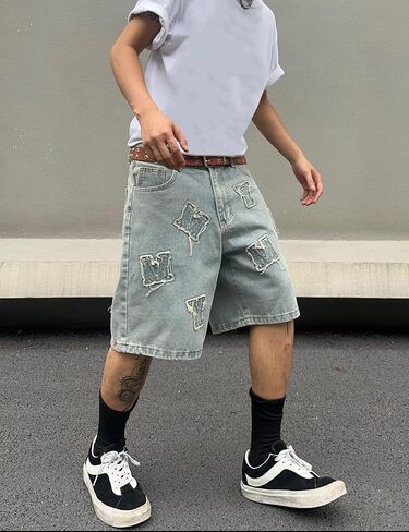 Mens Jorts Baggy Loose Fit Jean Shorts Wide Leg Denim Shorts Strings Y2k Casual Summer Shorts in Saudi Arabia