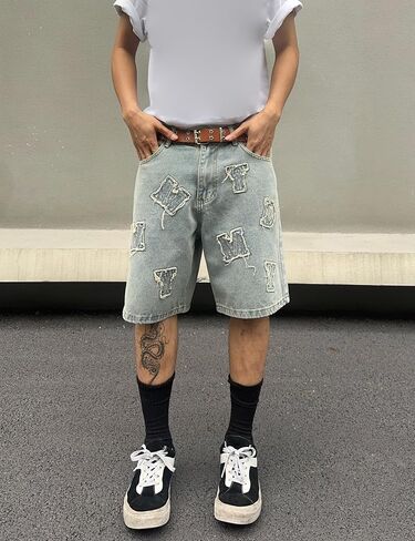 Mens Jorts Baggy Loose Fit Jean Shorts Wide Leg Denim Shorts Strings Y2k Casual Summer Shorts in Saudi Arabia