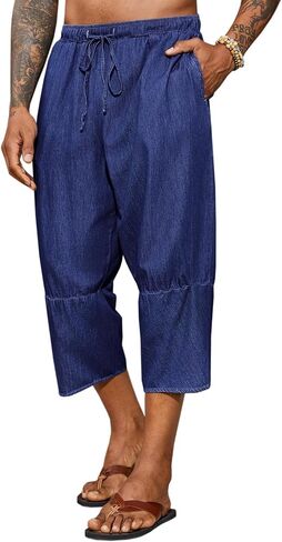 Runcati Mens Harem Capri Jeans Casual Tapered Elastic Waist 3/4 Shorts Cotton Hippie Yoga Lightweight Pants in Saudi Arabia