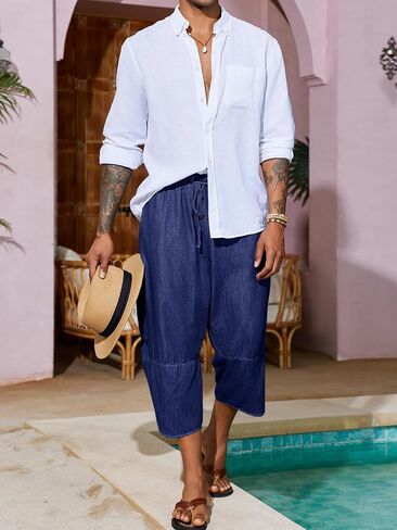 Runcati Mens Harem Capri Jeans Casual Tapered Elastic Waist 3/4 Shorts Cotton Hippie Yoga Lightweight Pants in Saudi Arabia